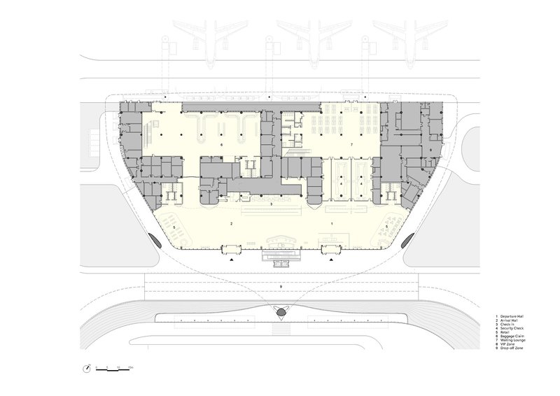 Floor plan drawing showing an arched plaza below and gridded interior spaces above with street context