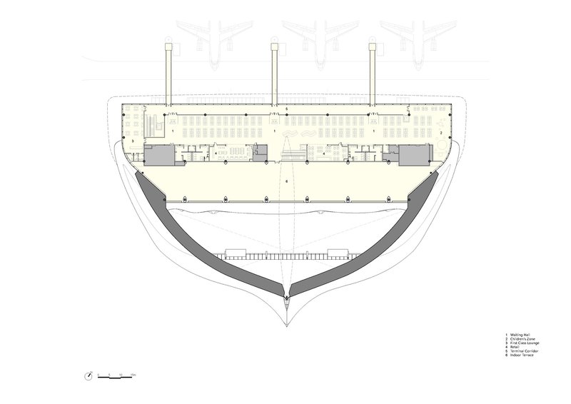 Upper level floor plan drawing with a curved southern edge and three vertical circulation towers