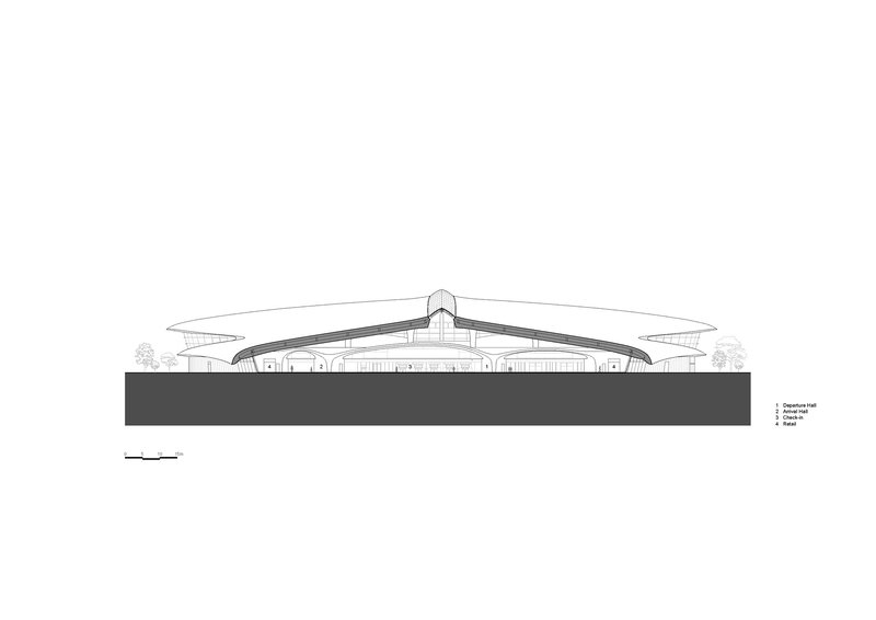 Longitudinal section drawing revealing the symmetrical gabled roof and terminal hall beneath