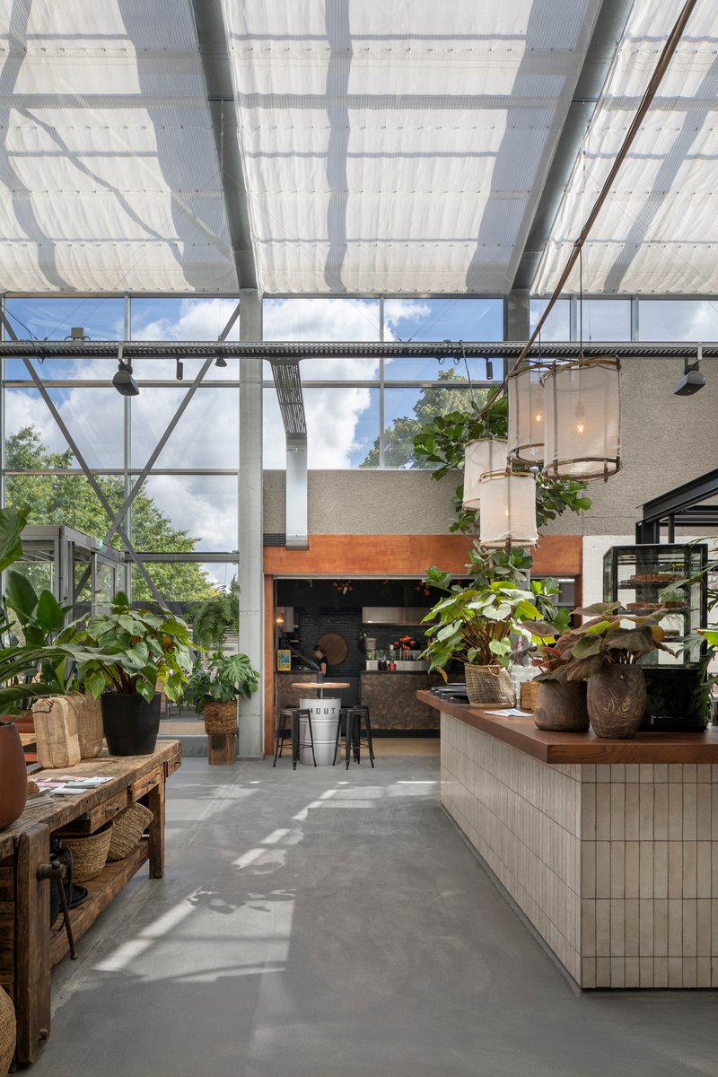 Kitchen volume with timber counter and white tile base under glass roof with dappled sunlight