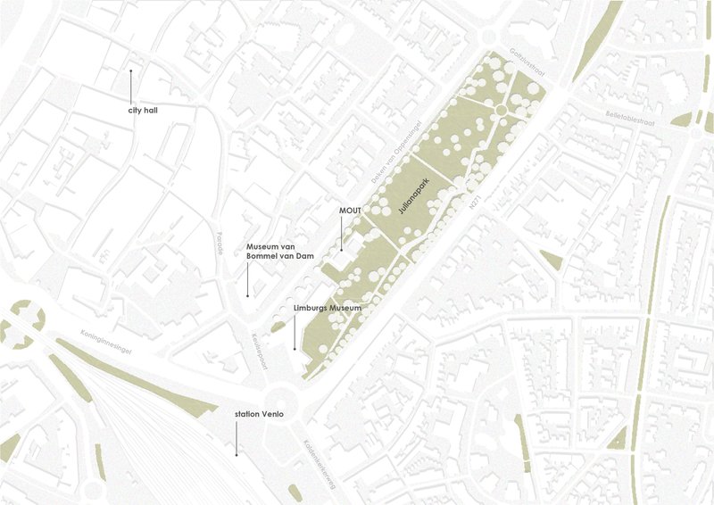 Site plan drawing showing museum buildings and green park corridor with trees along urban fabric