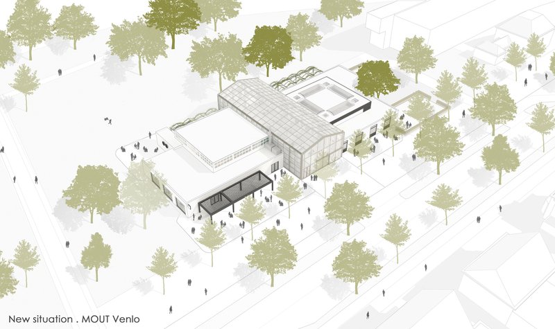 Axonometric drawing showing a cluster of rectangular volumes surrounded by trees and pedestrians