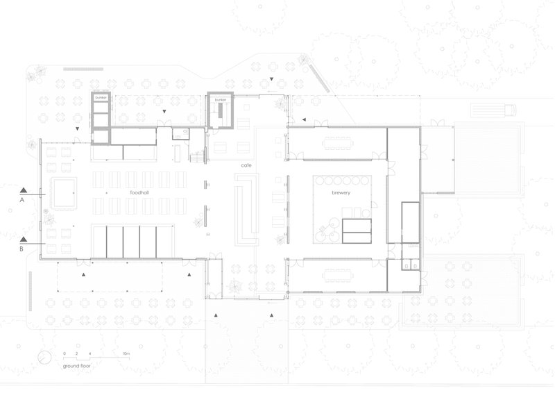 Ground floor plan drawing showing cafe, food hall and brewery spaces arranged around a central courtyard