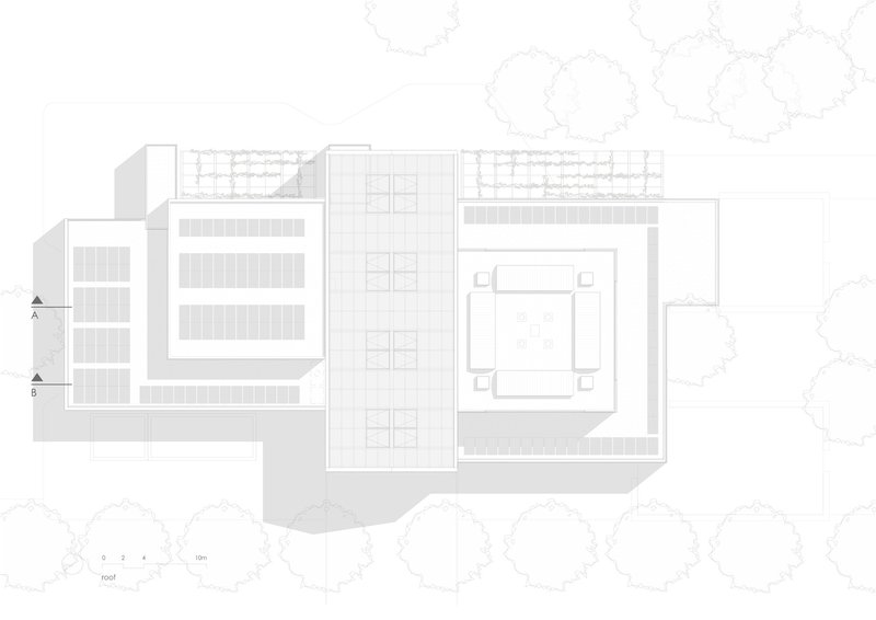 Roof plan drawing showing the arrangement of volumes with outdoor seating areas and surrounding tree canopies