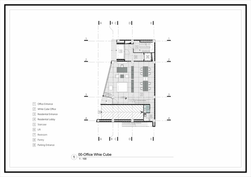 Ground floor plan drawing showing office entrance, lobby, staircase, and terrace with diagonal hatching