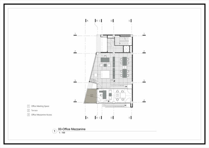 Mezzanine level floor plan drawing showing meeting space, terrace, and office access with annotated key
