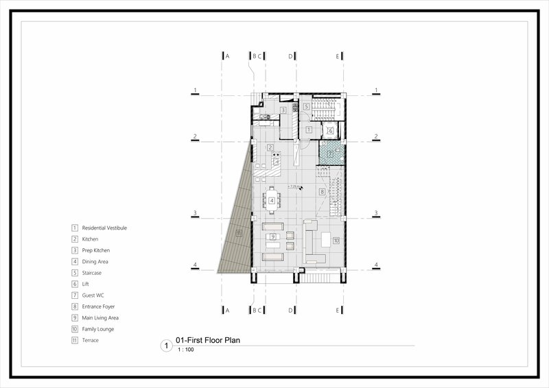 First floor plan drawing showing residential layout with kitchen, dining area, and triangular terrace projection