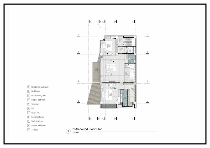 Second floor plan drawing showing residential vestibule, bedrooms, and angled terrace with hatched indication