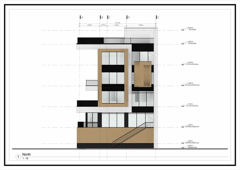 North elevation drawing showing staggered volumes with wood cladding, glazing, and an exterior staircase
