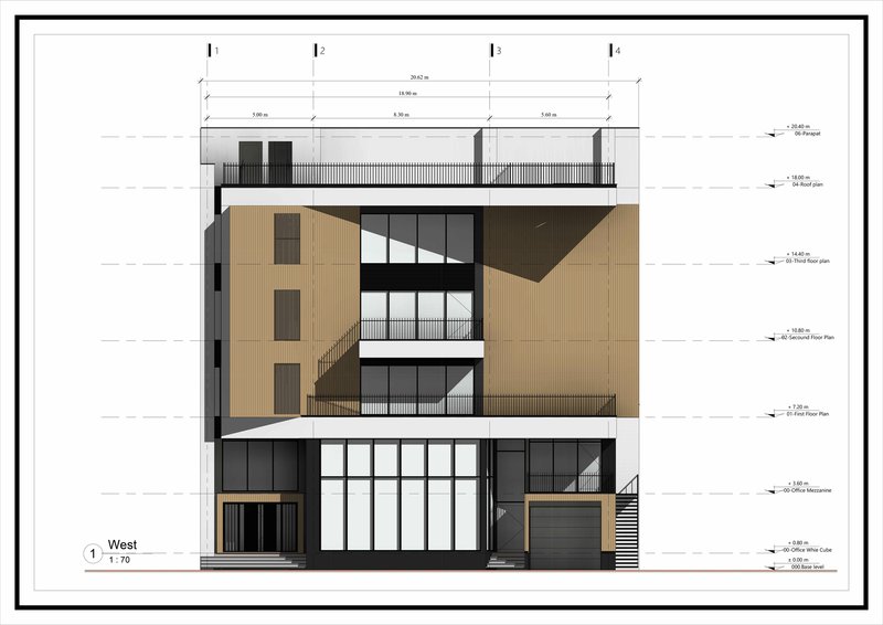 West elevation drawing showing angled shadow plane across the wood-clad facade with recessed balconies