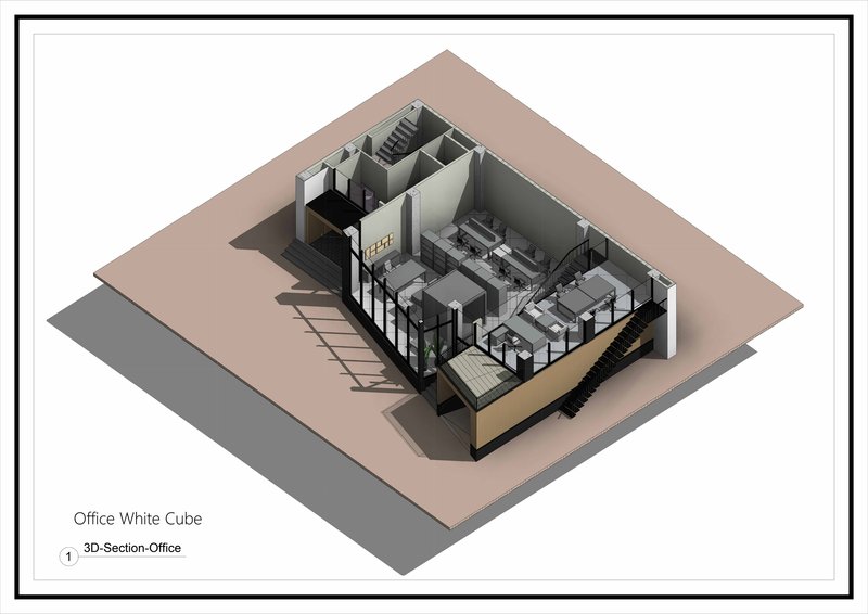 Axonometric cutaway drawing showing office interior layout with workstations and stairwell
