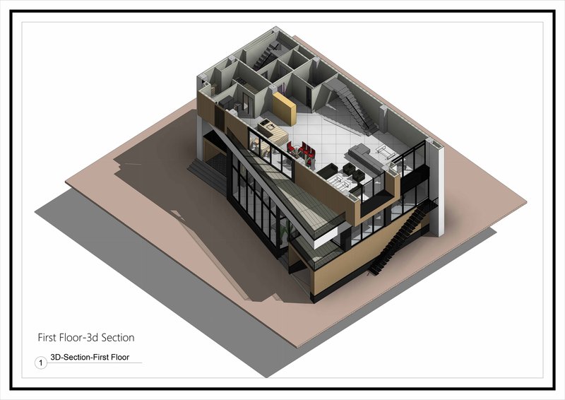 Axonometric section revealing first floor workspace with glazed facade and terrace balcony