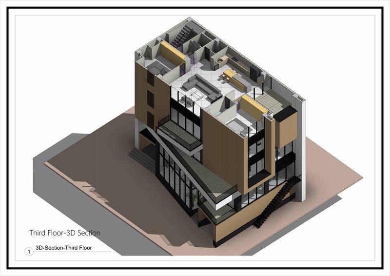 Axonometric section displaying third floor interior with open workspace and yellow partition walls
