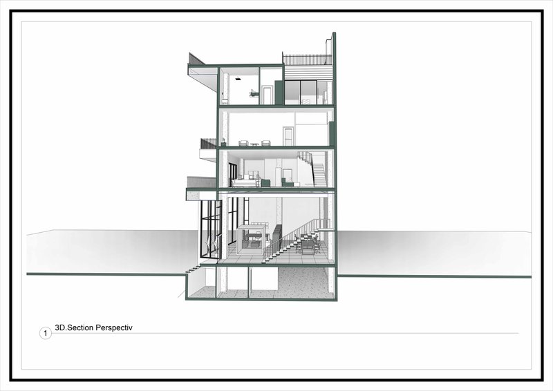 Section drawing showing vertical circulation through five levels including basement parking and roof deck