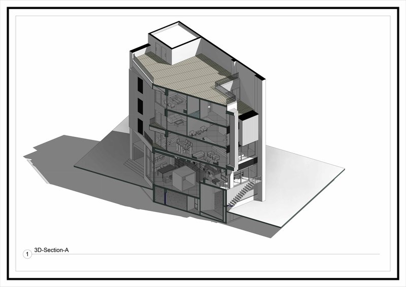 Axonometric section cutaway exposing interior floor plates and the external stair at the building edge