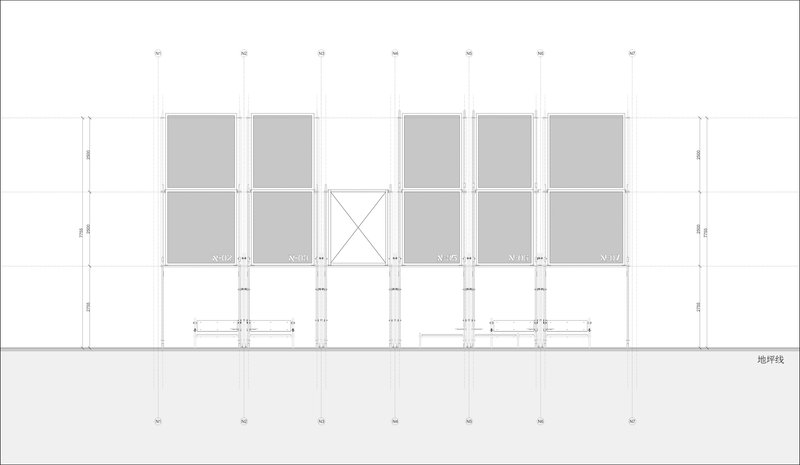 Elevation drawing showing modular frame system with grey infill panels and central diagonal bracing