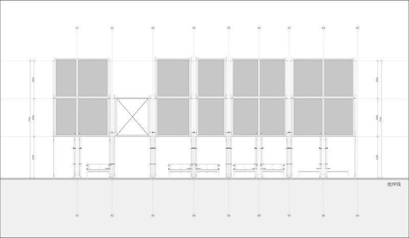 Elevation drawing depicting the frame system with alternating solid panels and bench seating below