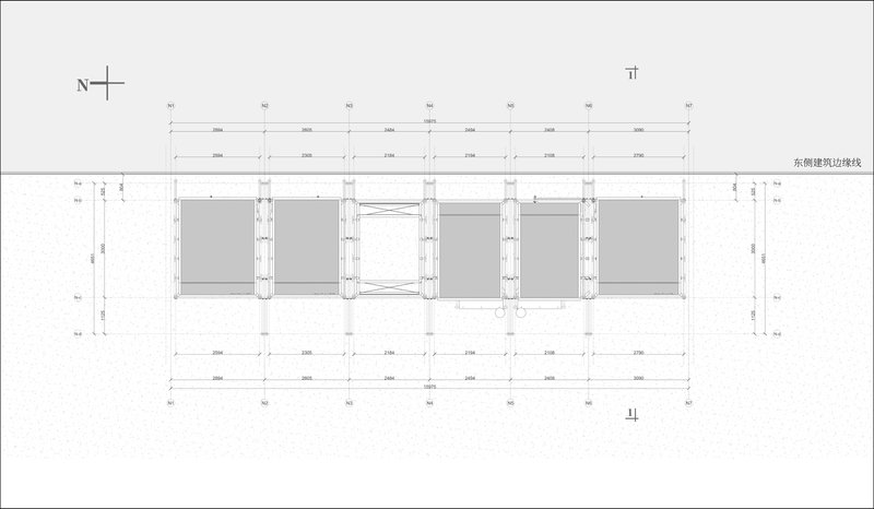 Plan drawing illustrating the modular grid of three bays with dimensions and structural elements