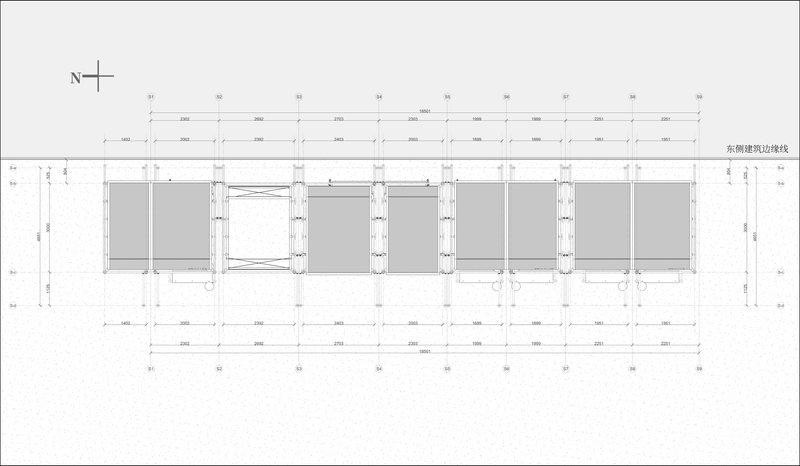 Plan drawing showing five bay structural grid with dimensions and panel infill pattern