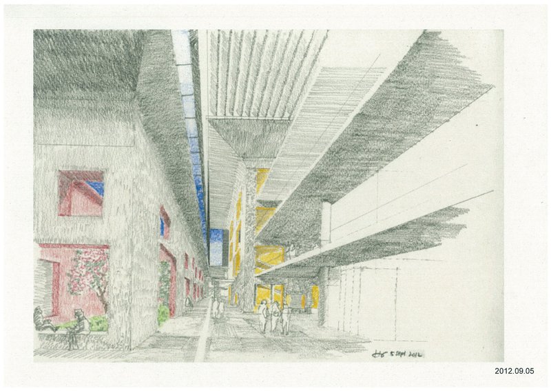 Perspective sketch showing an interior street with angular ceiling planes and figures walking between coloured storefronts