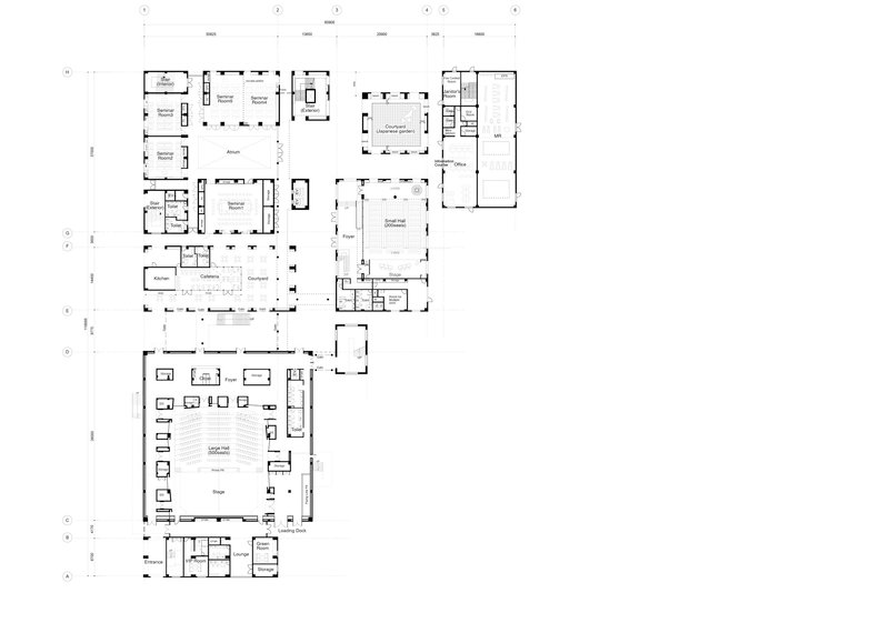 Floor plan drawing showing clustered rectangular volumes arranged around a central open courtyard