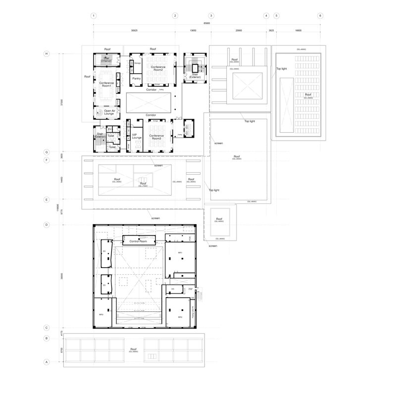 Floor plan drawing showing rooftop layout with multiple roof terraces, open-air screens, and landscaped courtyards