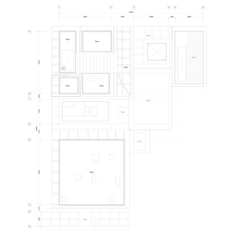 Roof plan drawing showing rectangular and square roof volumes arranged around a central open-air courtyard