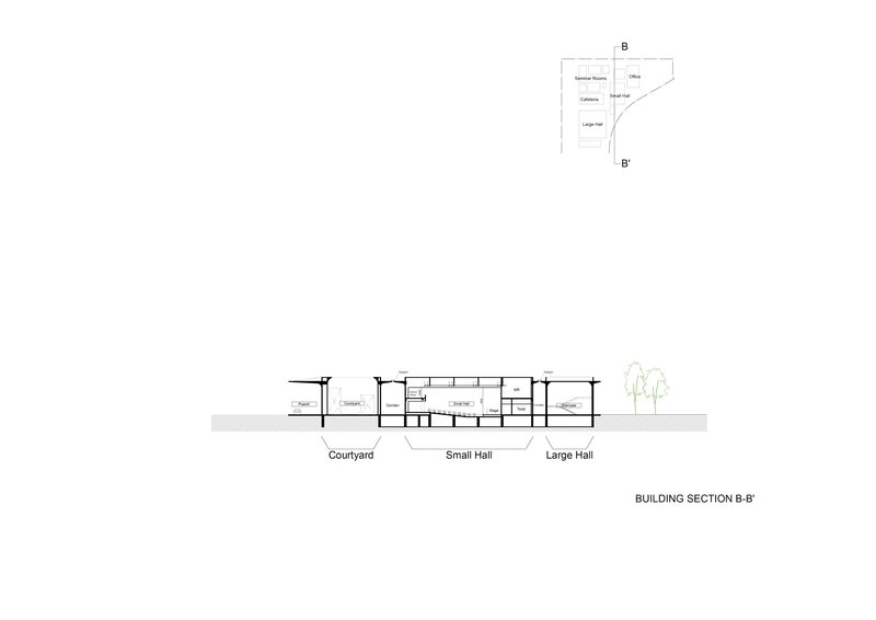 Section drawing showing courtyard between small hall and large hall with single tree in landscape