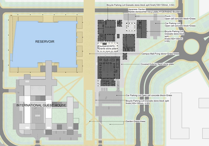 Site plan showing reservoir, international guest house, and campus buildings with landscaping and parking areas