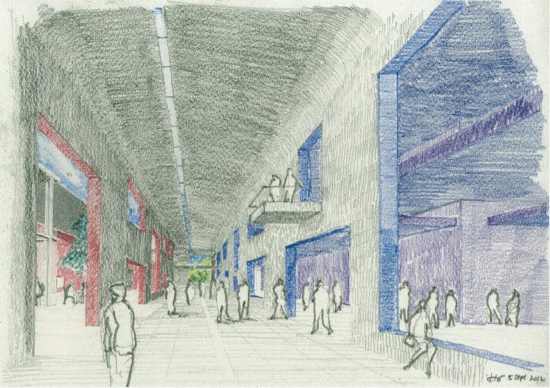 Colored pencil sketch of covered street with shops and pedestrians under a vaulted ceiling