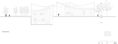 The image presents an east elevation of a building, showcasing a curved roof and stone facade. The d