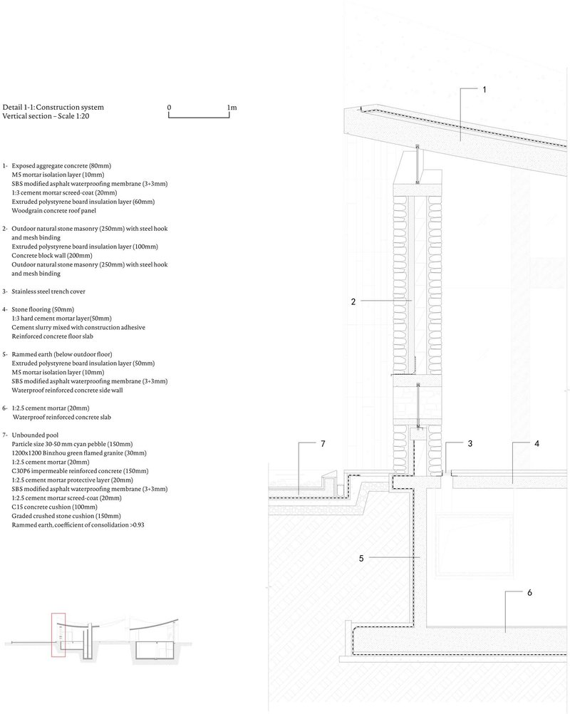 Construction detail drawing showing the roof assembly with exposed aggregate concrete and waterproofing layers
