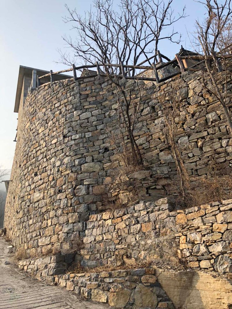 Curved drystone retaining wall with bare winter trees and a glimpse of the roof above