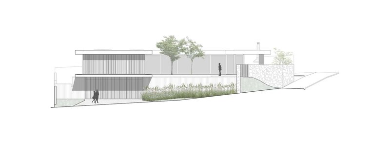Elevation drawing depicting volumes with slatted screens and terraced garden beds along a hillside