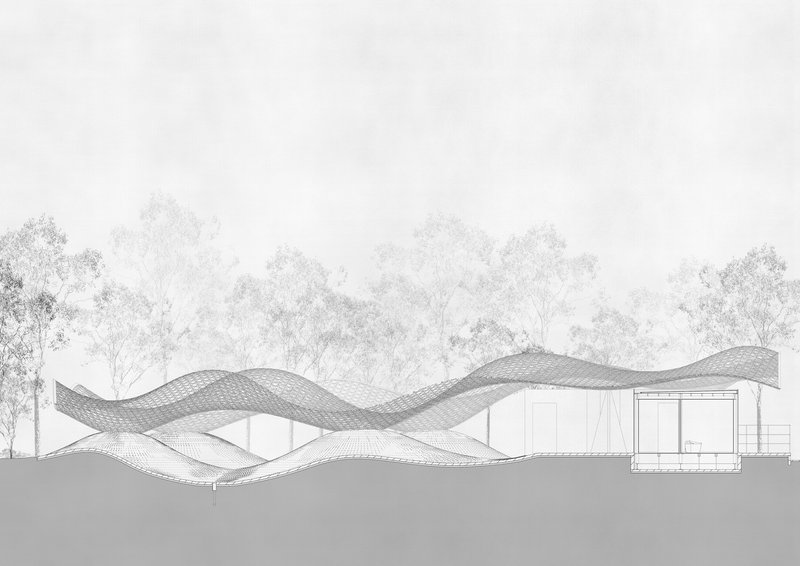 Section drawing illustrating the undulating roof structure above a stepped floor with trees in the background