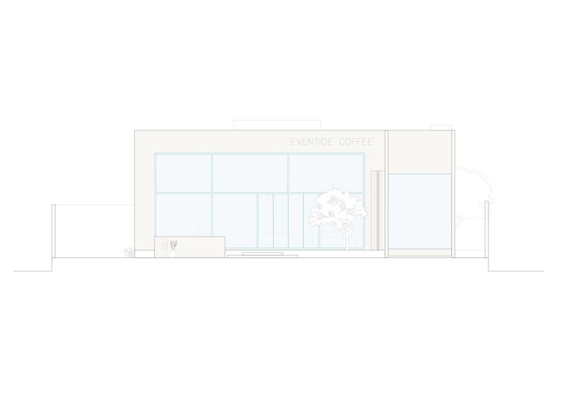 Elevation drawing depicting the glazed storefront with mullions and adjacent tree in courtyard