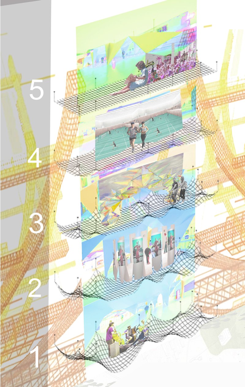 Layered performance zones create flexible spaces for art, recreation, exhibitions, and social interaction.