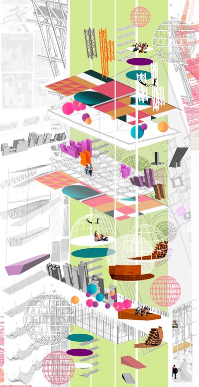 This architectural image presents an exploded axonometric diagram, showcasing a conceptual design wi