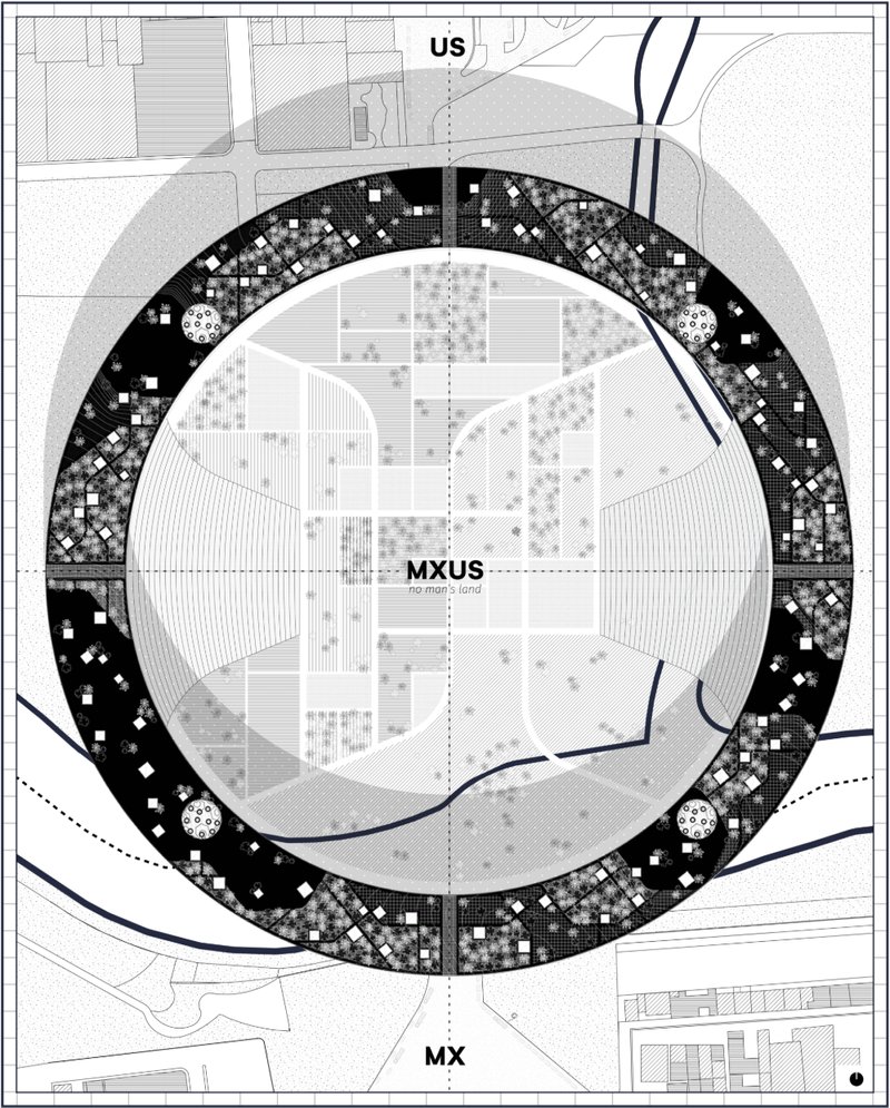 Circular border architecture redefining the US–Mexico edge as a shared “no man’s land” of interaction and controlled transition.