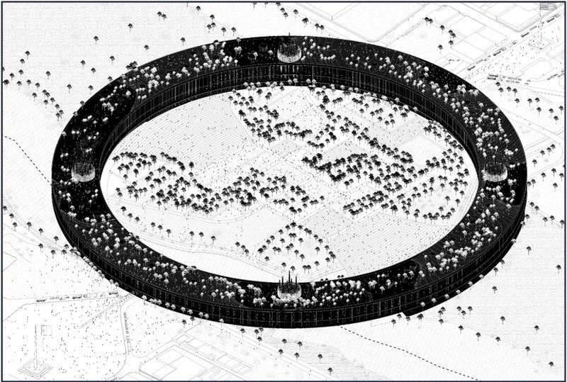 A monumental ring infrastructure mediates migration, enclosing a collective landscape that transforms division into spatial continuity.