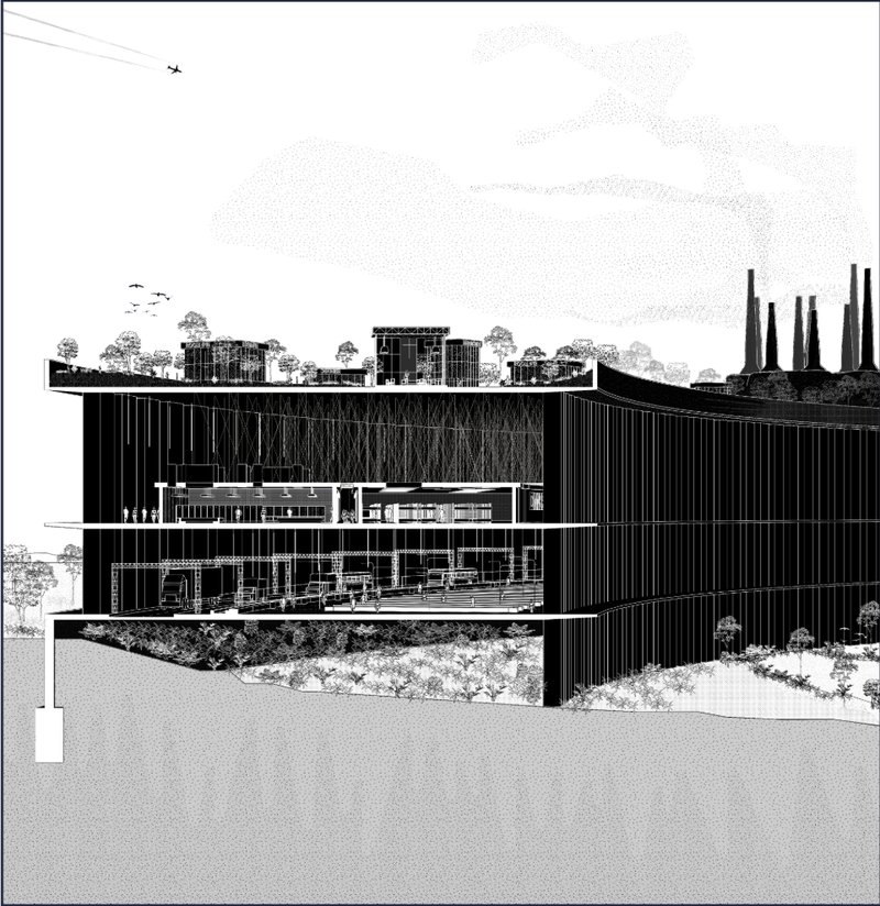 Layered strata reveal a vertical border system, from active transit zones to suspended spaces of waiting and reflection.