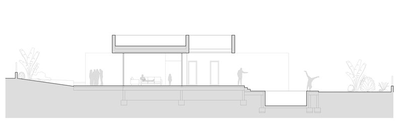 Section drawing showing split-level interior spaces with outdoor terraces and planted edges