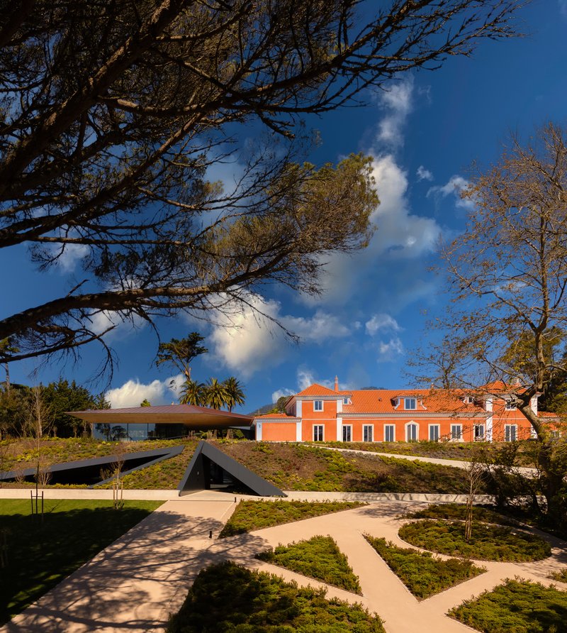 Branching pathways through the lawn with black canopy structures and orange building beyond under blue sky