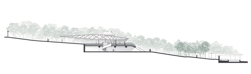 Section drawing revealing a partially subterranean structure with exposed roof trusses and flanking tree canopy