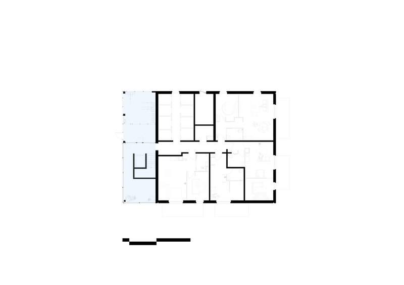 Floor plan drawing showing rectangular layout with multiple rooms and corridor arrangement