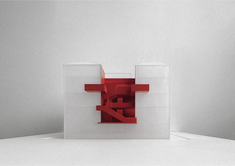 Physical section model with translucent white walls revealing red interior stairs and platforms