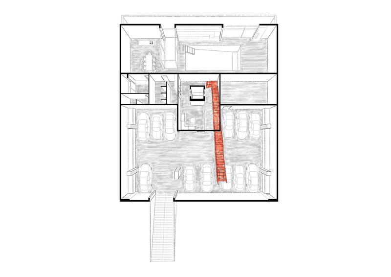Floor plan drawing showing basement parking level with central staircase highlighted in red