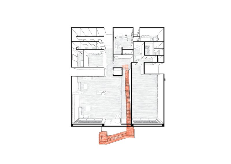 Floor plan drawing showing ground level with double-height spaces and angled red stair volume