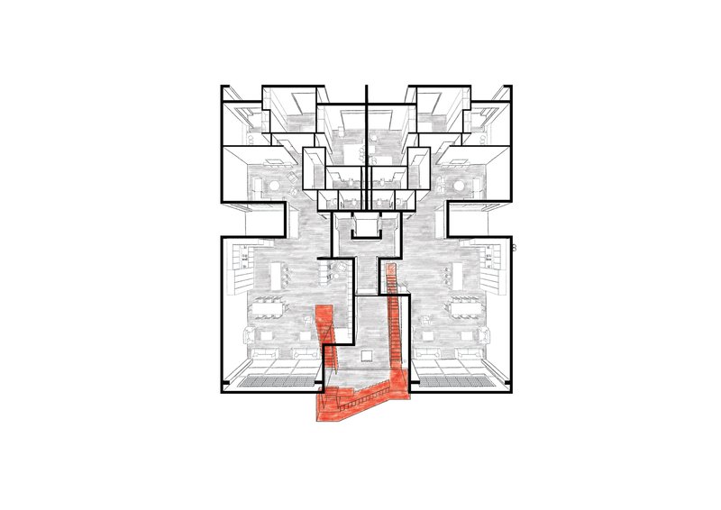 Floor plan drawing showing upper residential level with symmetrical units and red stair circulation