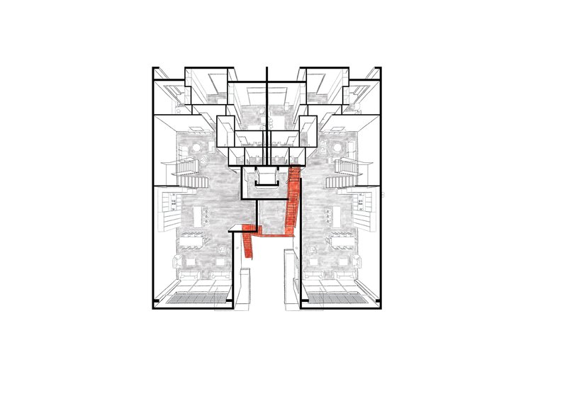 Floor plan drawing showing top floor with paired balconies and red highlighted vertical circulation